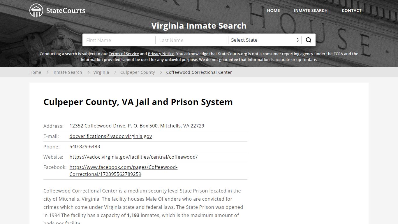 Coffeewood Correctional Center Inmate Records Search ...